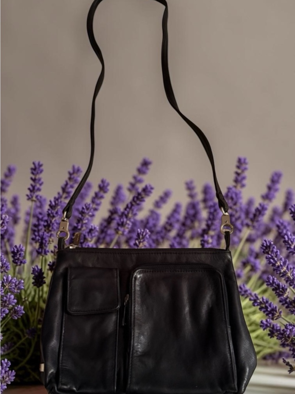 Perlina Black Leather Crossbody Bag with Front Pockets